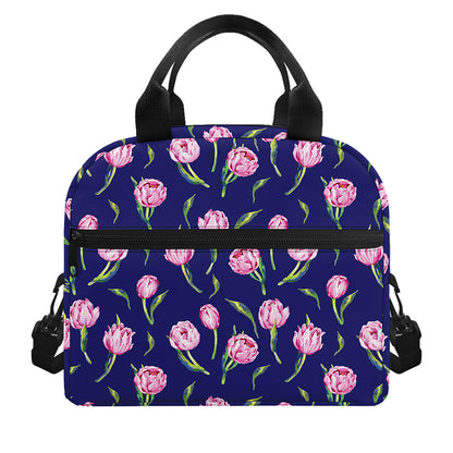 Pink Watercolor Tulip Flower Print Insulated Lunch Bag
