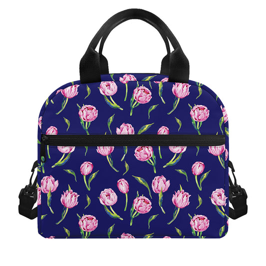 Pink Watercolor Tulip Flower Print Insulated Lunch Bag