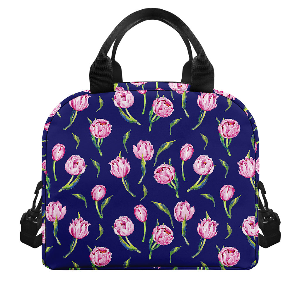 Pink Watercolor Tulip Flower Print Insulated Lunch Bag