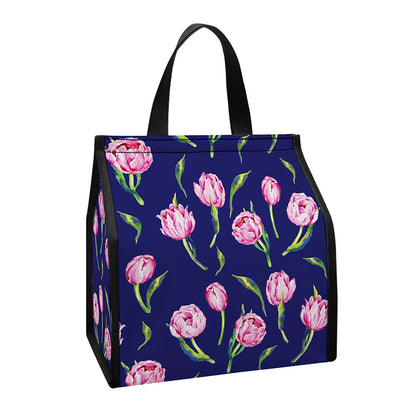 Pink Watercolor Tulip Flower Print Insulated Lunch Tote
