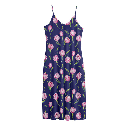 Pink Watercolor Tulip Flower Print Jersey Midi Cami Dress