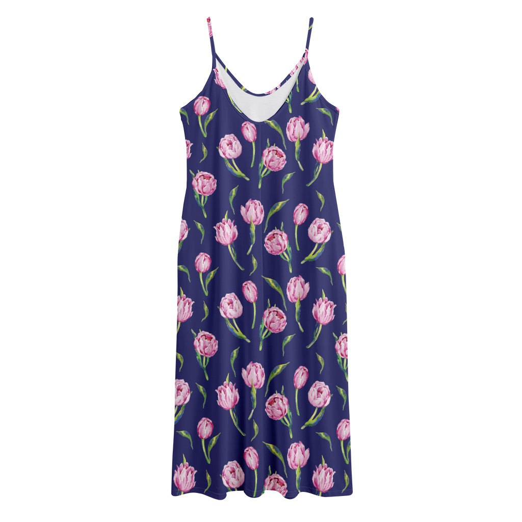 Pink Watercolor Tulip Flower Print Jersey Midi Cami Dress