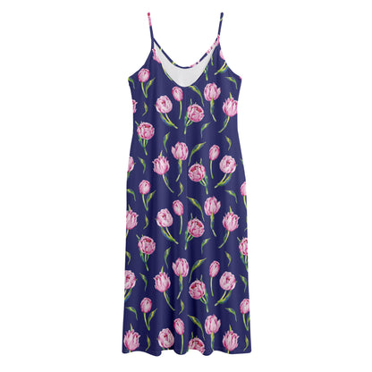 Pink Watercolor Tulip Flower Print Jersey Midi Cami Dress
