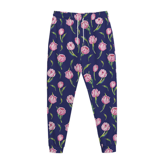 Pink Watercolor Tulip Flower Print Jogger Pants