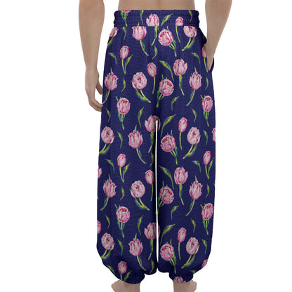 Pink Watercolor Tulip Flower Print Lantern Pants
