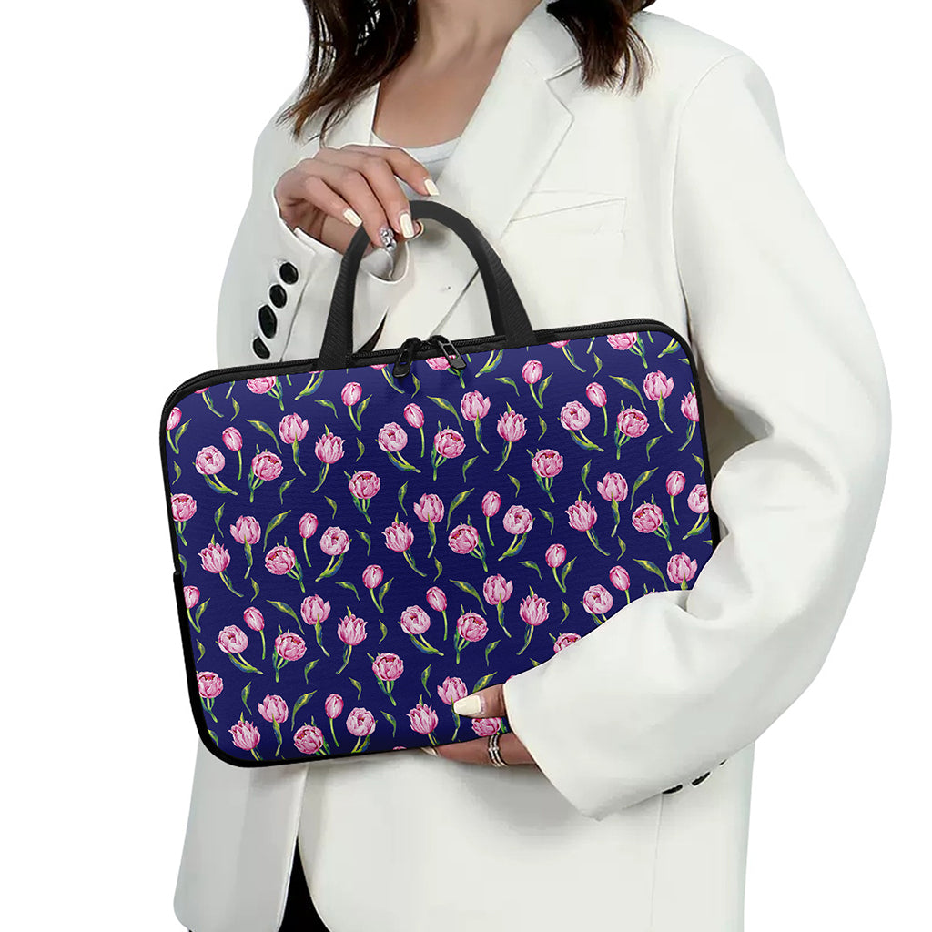 Pink Watercolor Tulip Flower Print Laptop Sleeve With Handle
