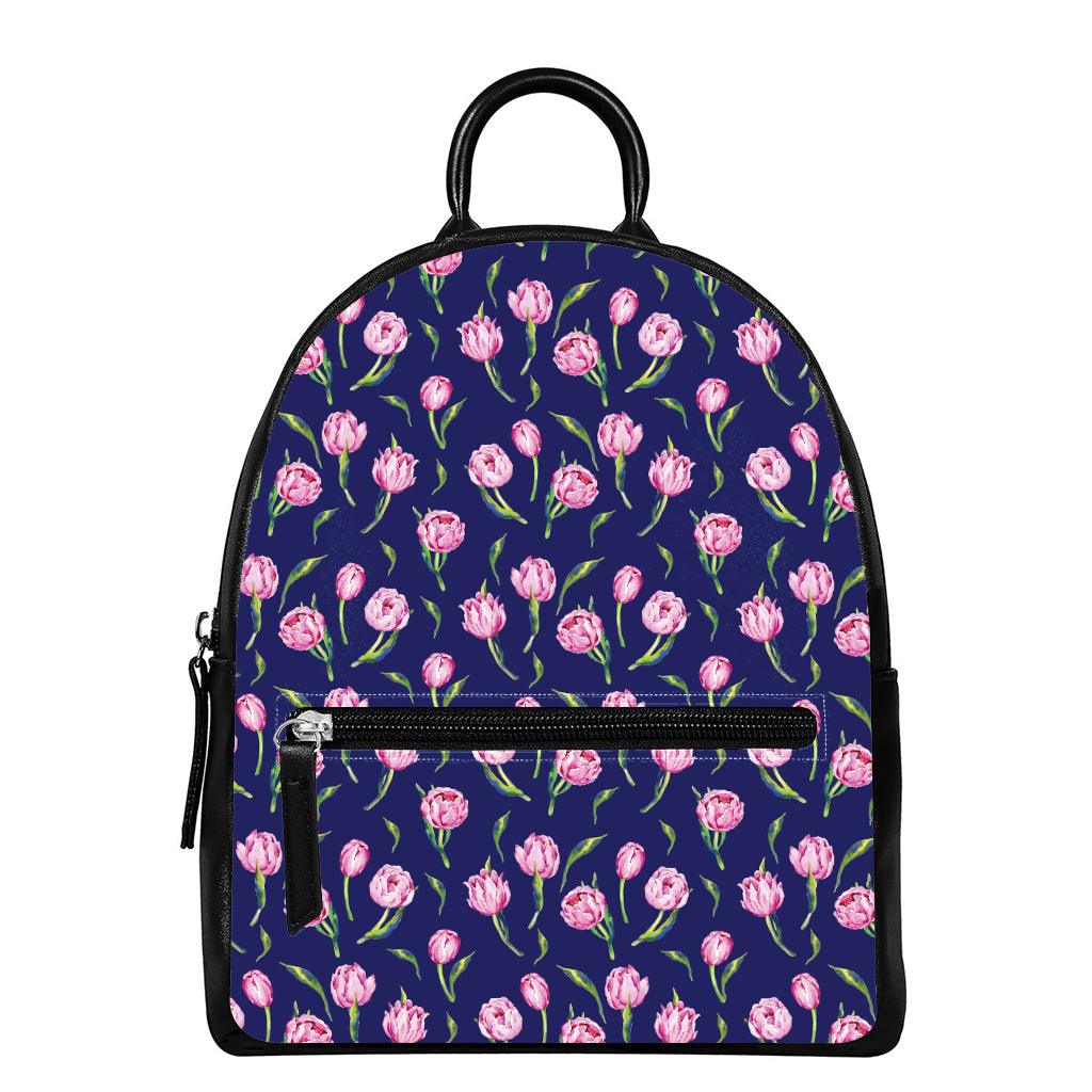 Pink Watercolor Tulip Flower Print Leather Backpack