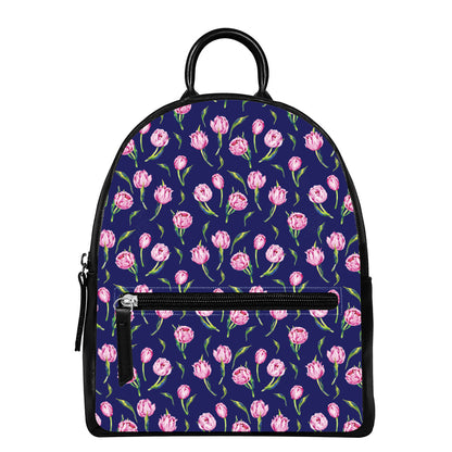 Pink Watercolor Tulip Flower Print Leather Backpack