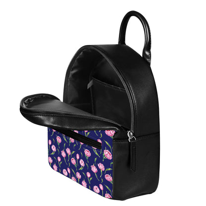 Pink Watercolor Tulip Flower Print Leather Backpack