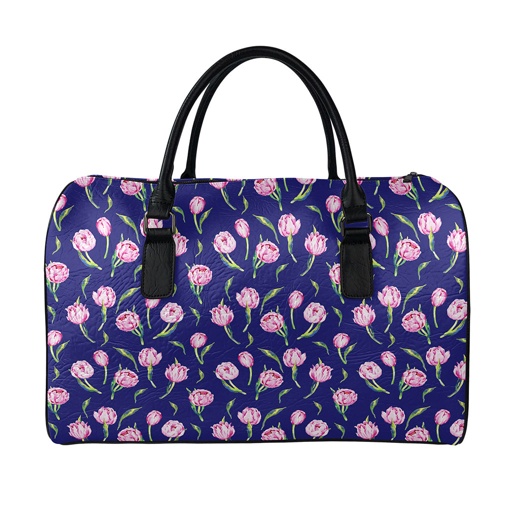 Pink Watercolor Tulip Flower Print Leather Duffle Bag