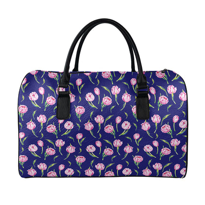 Pink Watercolor Tulip Flower Print Leather Duffle Bag
