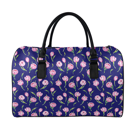Pink Watercolor Tulip Flower Print Leather Duffle Bag