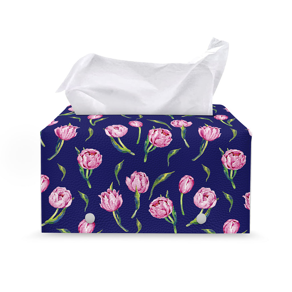 Pink Watercolor Tulip Flower Print Leather Tissue Box Cover