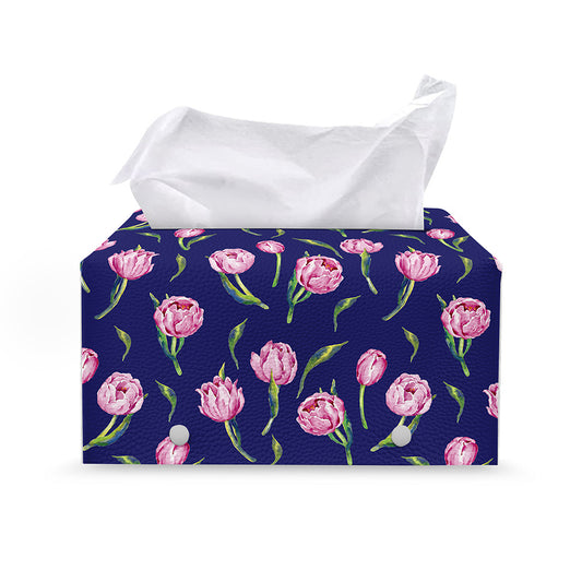 Pink Watercolor Tulip Flower Print Leather Tissue Box Cover