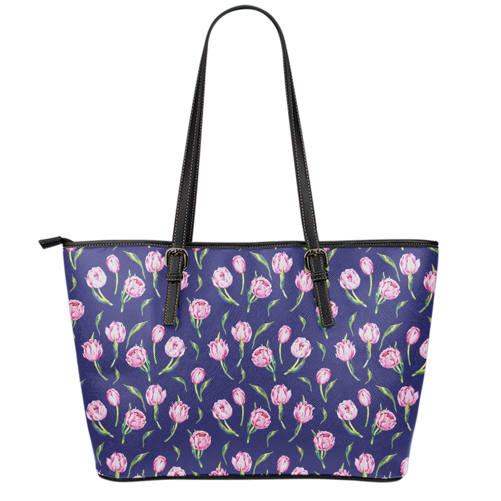 Pink Watercolor Tulip Flower Print Leather Tote Bag