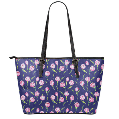 Pink Watercolor Tulip Flower Print Leather Tote Bag