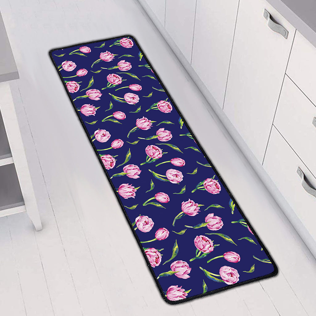 Pink Watercolor Tulip Flower Print Long Kitchen Mat