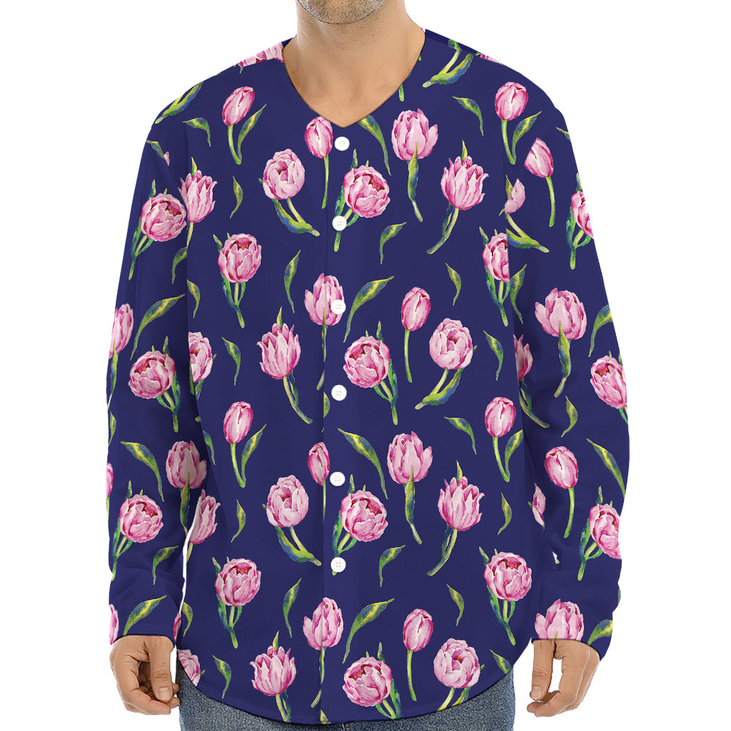 Pink Watercolor Tulip Flower Print Long Sleeve Baseball Jersey