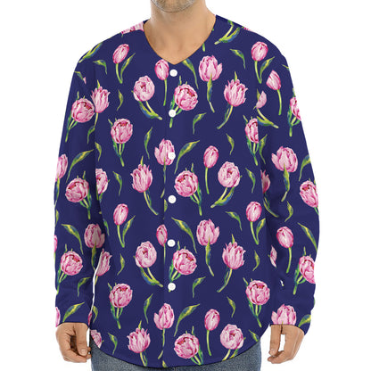 Pink Watercolor Tulip Flower Print Long Sleeve Baseball Jersey