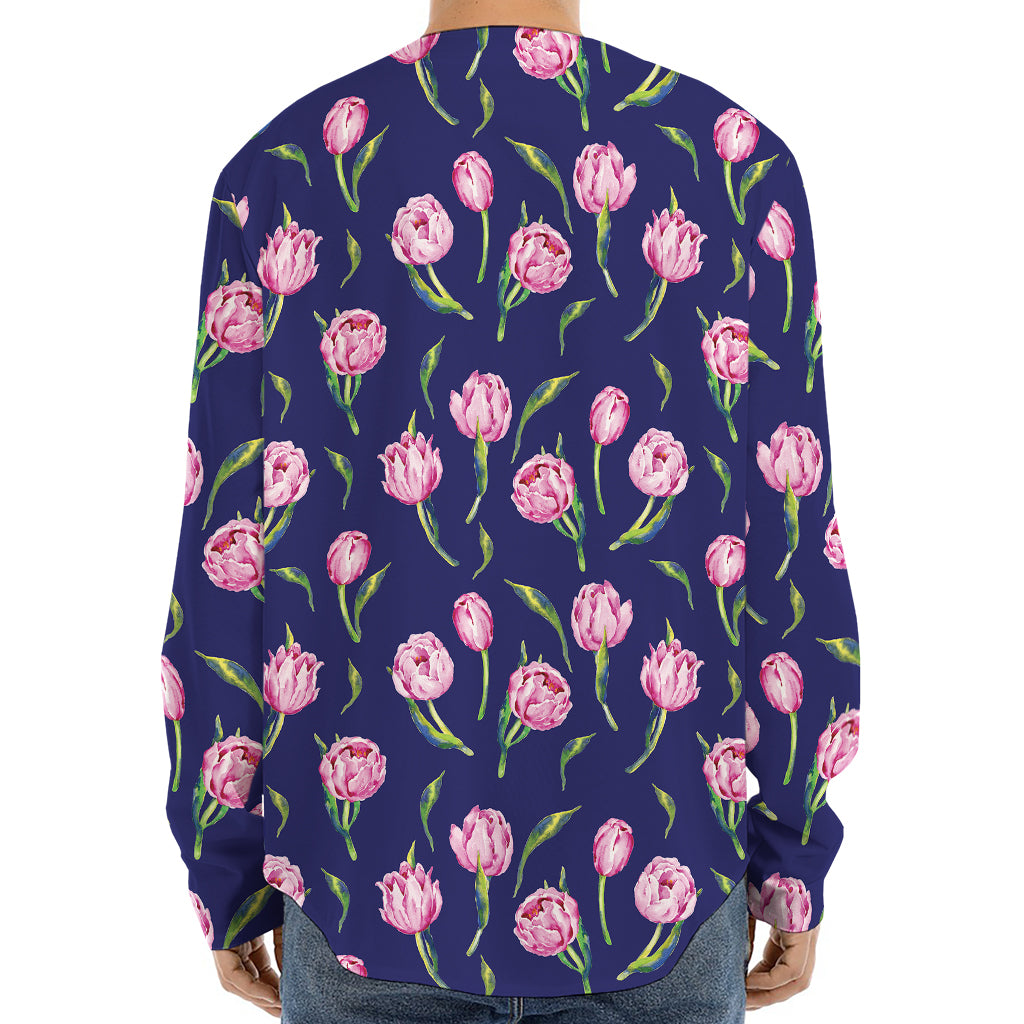 Pink Watercolor Tulip Flower Print Long Sleeve Baseball Jersey