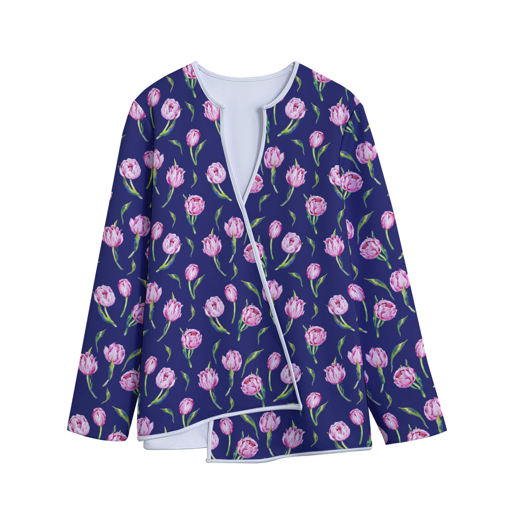 Pink Watercolor Tulip Flower Print Long Sleeve Short Coat