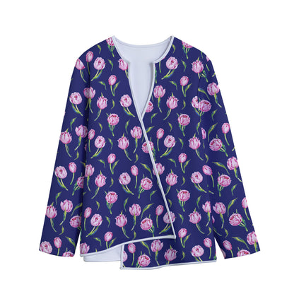 Pink Watercolor Tulip Flower Print Long Sleeve Short Coat