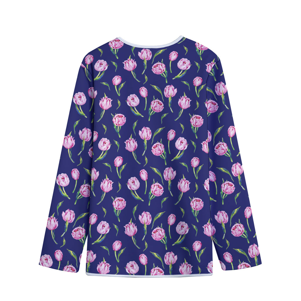 Pink Watercolor Tulip Flower Print Long Sleeve Short Coat