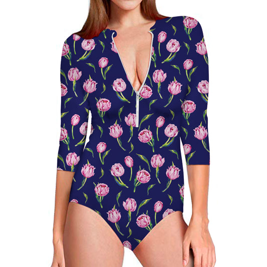 Pink Watercolor Tulip Flower Print Long Sleeve Swimsuit