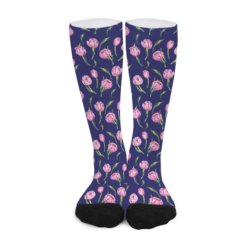 Pink Watercolor Tulip Flower Print Long Socks