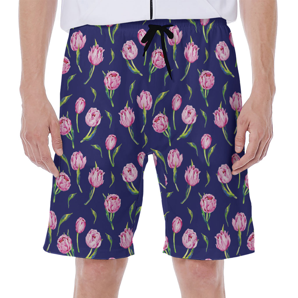Pink Watercolor Tulip Flower Print Men's Beach Shorts