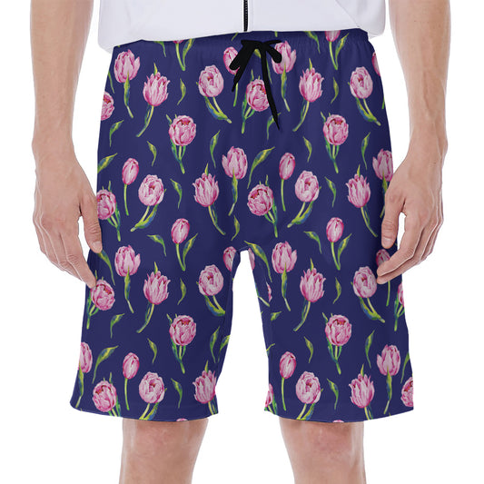 Pink Watercolor Tulip Flower Print Men's Beach Shorts
