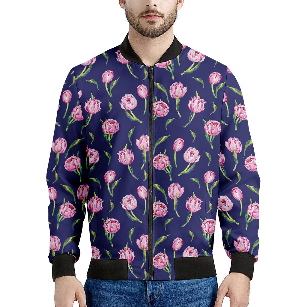 Pink Watercolor Tulip Flower Print Men's Bomber Jacket