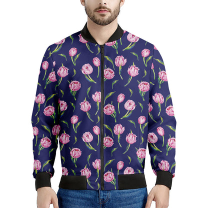Pink Watercolor Tulip Flower Print Men's Bomber Jacket