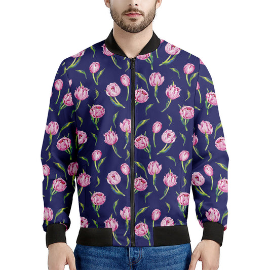 Pink Watercolor Tulip Flower Print Men's Bomber Jacket