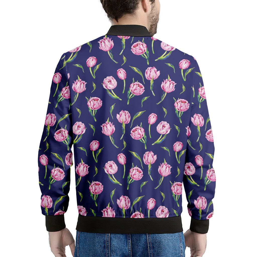 Pink Watercolor Tulip Flower Print Men's Bomber Jacket