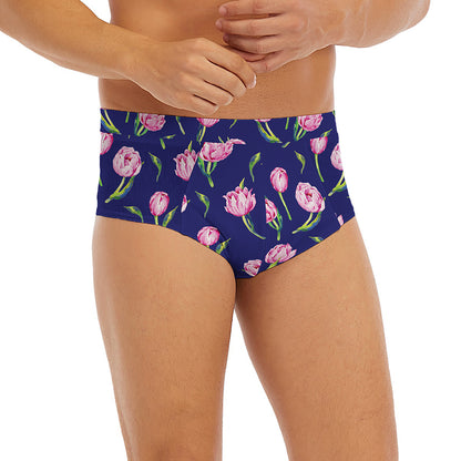 Pink Watercolor Tulip Flower Print Men's Briefs