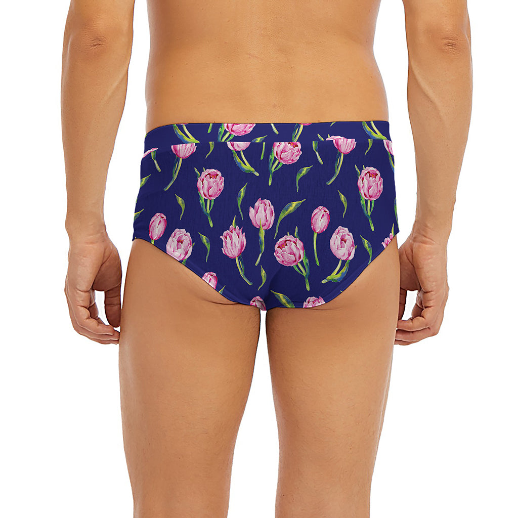 Pink Watercolor Tulip Flower Print Men's Briefs