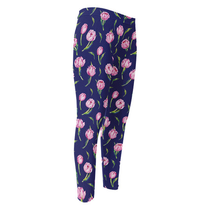 Pink Watercolor Tulip Flower Print Men's Compression Pants