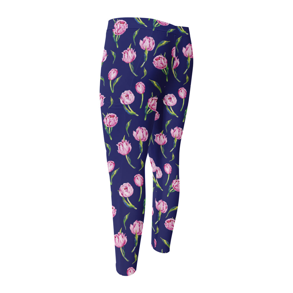Pink Watercolor Tulip Flower Print Men's Compression Pants