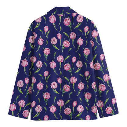 Pink Watercolor Tulip Flower Print Men's Cotton Blazer