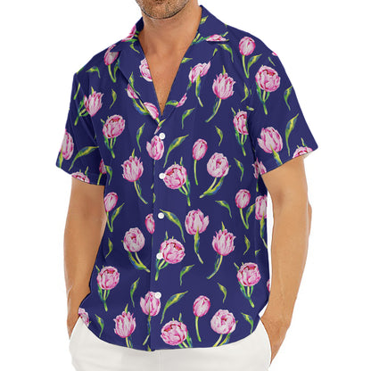 Pink Watercolor Tulip Flower Print Men's Deep V-Neck Shirt