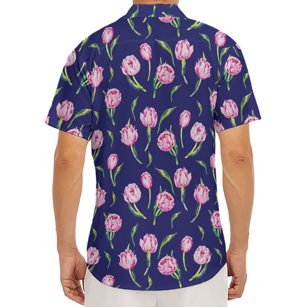 Pink Watercolor Tulip Flower Print Men's Deep V-Neck Shirt