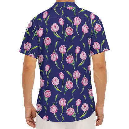 Pink Watercolor Tulip Flower Print Men's Deep V-Neck Shirt