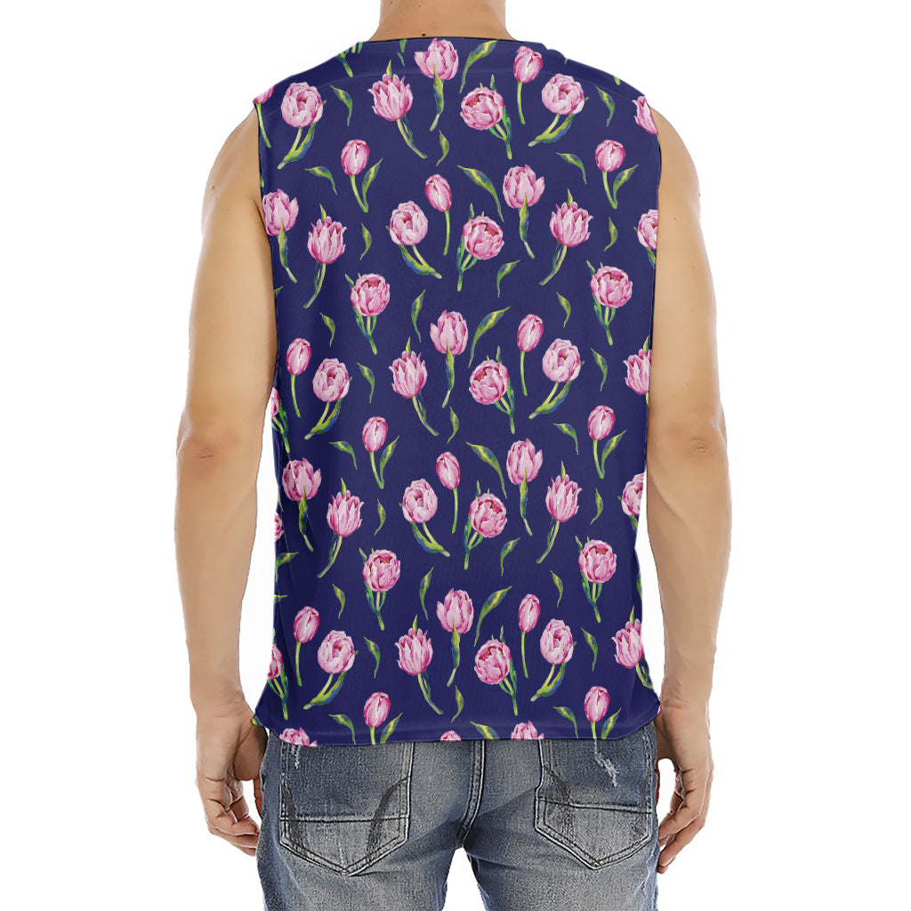 Pink Watercolor Tulip Flower Print Men's Fitness Tank Top