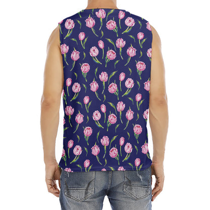 Pink Watercolor Tulip Flower Print Men's Fitness Tank Top