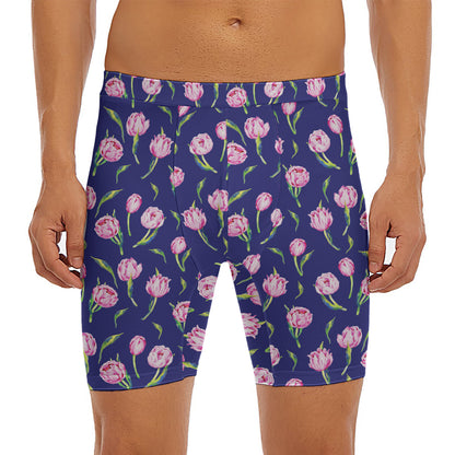 Pink Watercolor Tulip Flower Print Men's Long Boxer Briefs