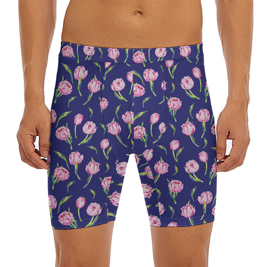 Pink Watercolor Tulip Flower Print Men's Long Boxer Briefs