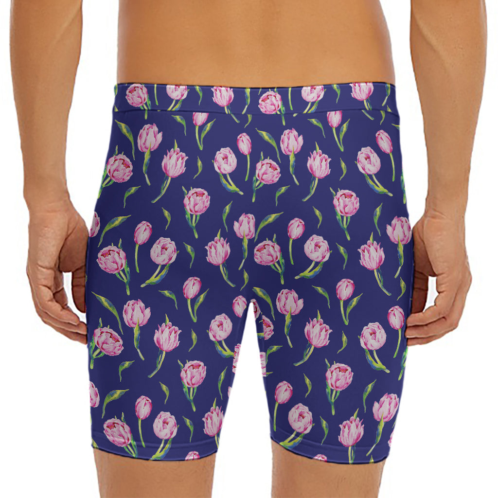 Pink Watercolor Tulip Flower Print Men's Long Boxer Briefs