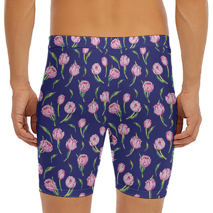 Pink Watercolor Tulip Flower Print Men's Long Boxer Briefs