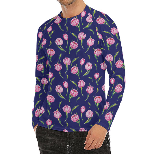 Pink Watercolor Tulip Flower Print Men's Long Sleeve Rash Guard